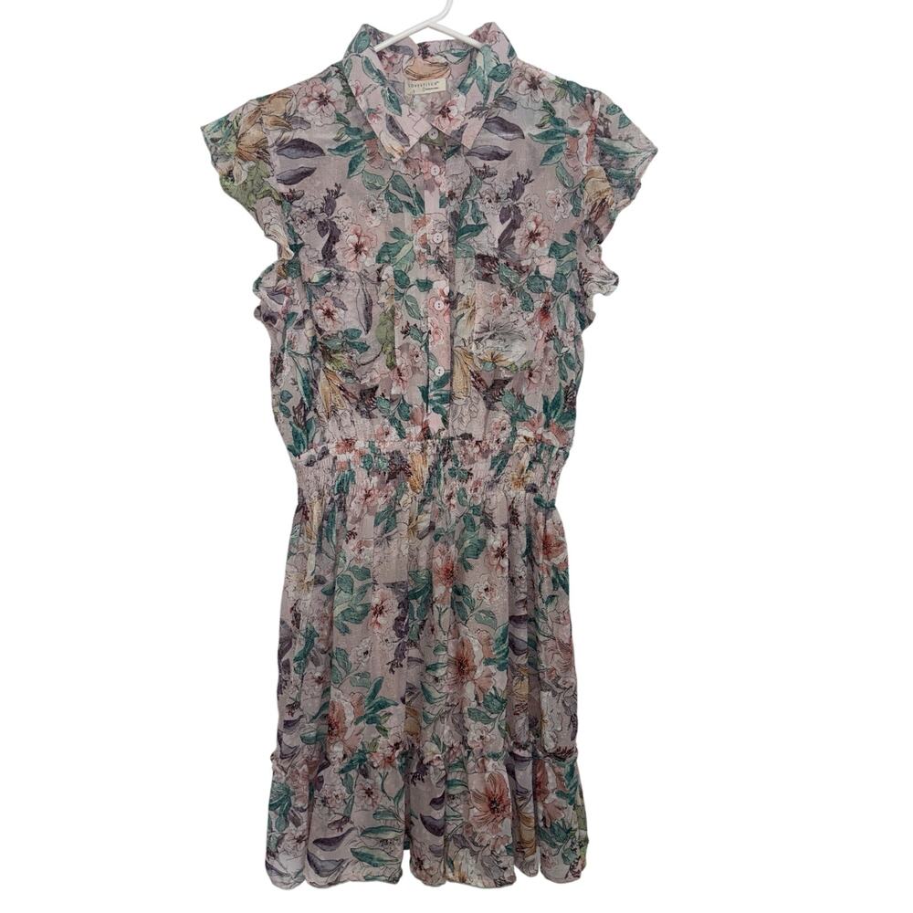 NWT Lovestitch Floral Chiffon Mini Shirt Dress Flutter Sleeves Large Garden